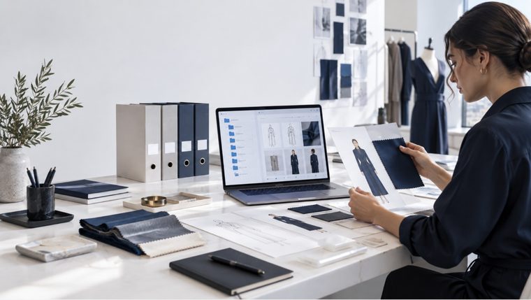 Diseñadora planificando una colección de moda con bocetos y muestras textiles