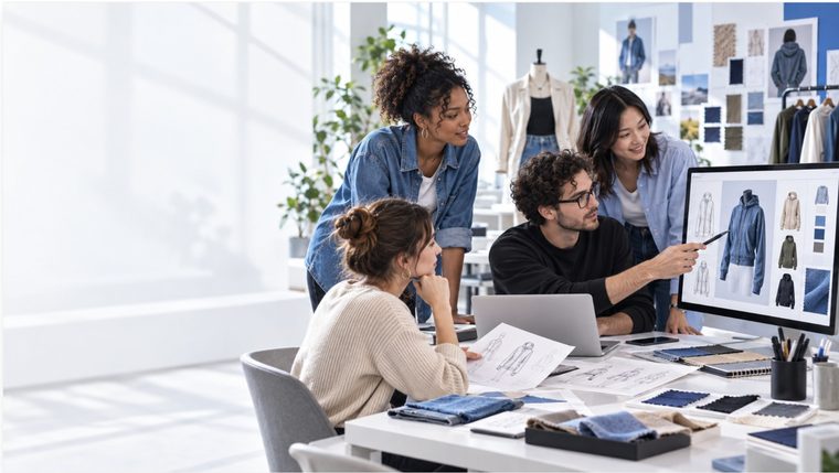 Equipo de diseño trabajando de forma organizada en un estudio de moda